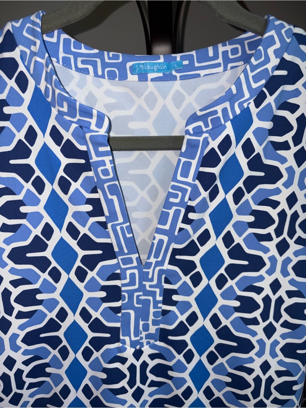 J. McLaughlin Catalina Cloth Tunic Top Size Large Blue White Geometric Coastal - Picture 3 of 12